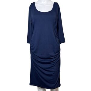 Scoop Neck 3/4 Sleeve Ruched Knee Length Dress Blue Size Medium